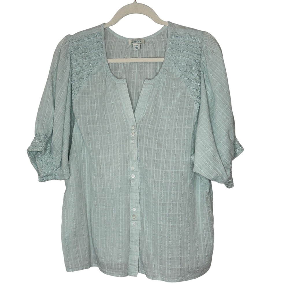 Sundance Striped Smocked Sleeve Button Front Blouse Light Blue XS